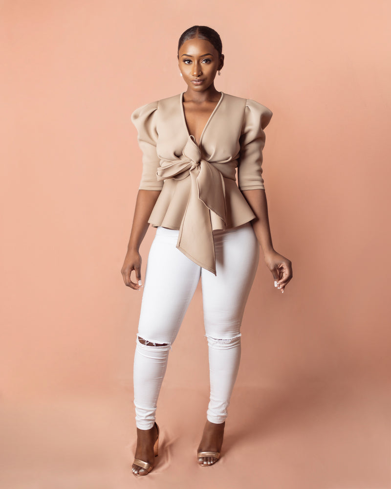 Valencia Puff Shoulder Top | Taupe